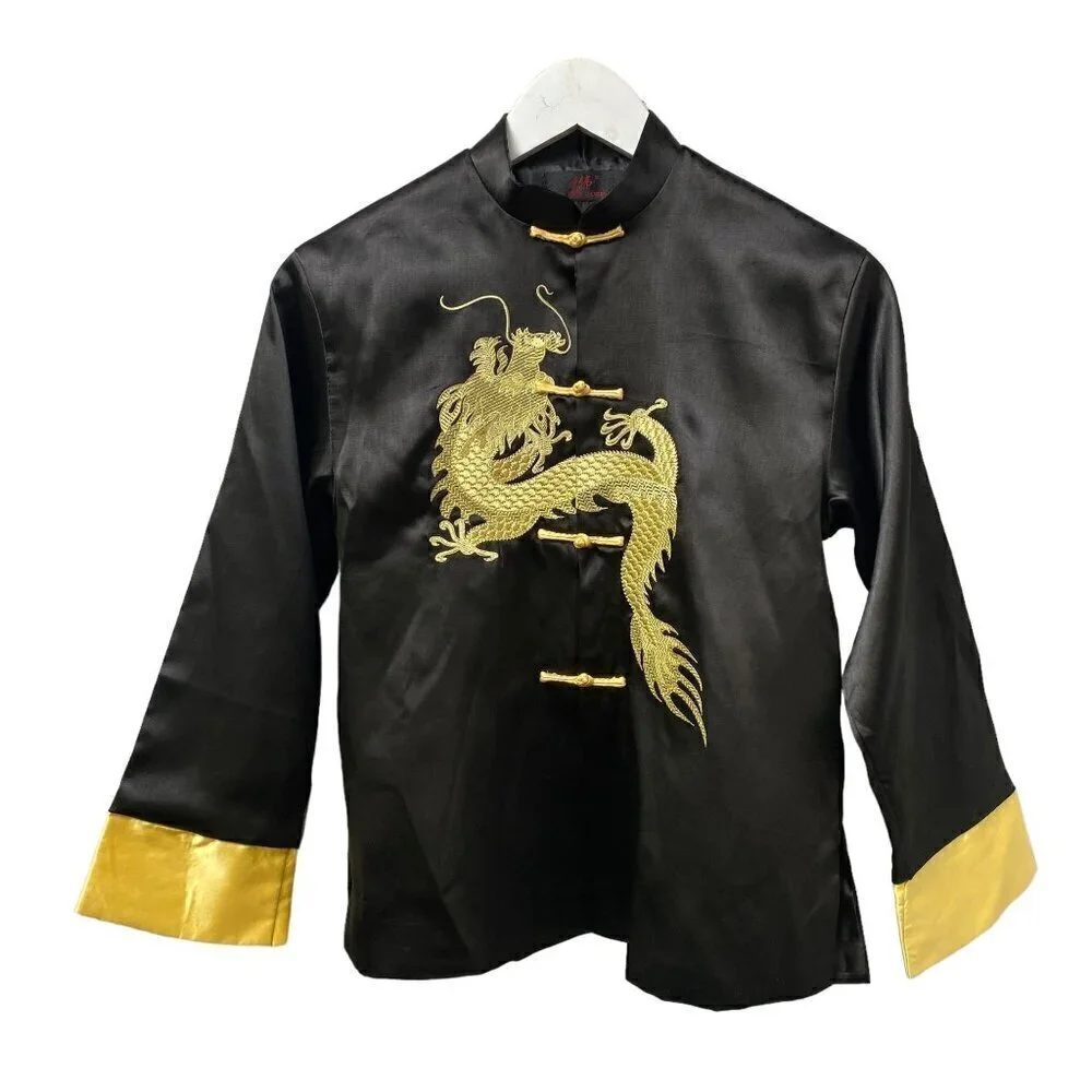 Embroidered Dragon Top Youth Large Black Satin Traditional Chinese Tang Jacket